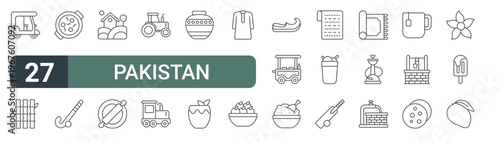 set of 27 thin line pakistan icons for web, mobile and digital interfaces including auto rickshaw, bamboo, dish, hockey, house, rolling pin, tractor, train and sand pot. editable stroke vector