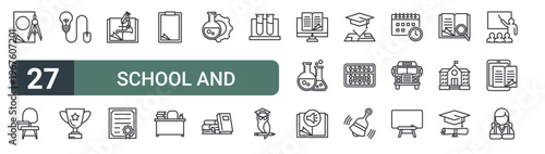 set of 27 thin line school and education icons for web, mobile and digital interfaces including compass, desk chair, idea, trophy, science, certificate, clipboard, teacher desk and management.