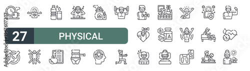 set of 27 thin line physical wellbeing icons for web, mobile and digital interfaces including tea time, bones, cardio, physical activity, hydration, nutrition, relaxation, diet and aromatherapy.