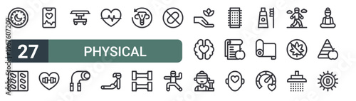 set of 27 thin line physical wellbeing icons for web, mobile and digital interfaces including rest, vitamins, health app, heart, massage, rope, heart, female fitness and menstrual cycle. editable