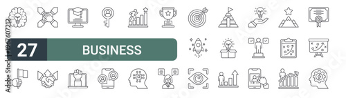 set of 27 thin line business motivation icons for web, mobile and digital interfaces including creativity, missions, partner, deal, education, fist, key, online course and success. editable stroke