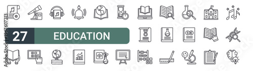set of 27 thin line education icons for web, mobile and digital interfaces including music, open book, telescope, maths, audiobook, globe, bell, book and book. editable stroke vector