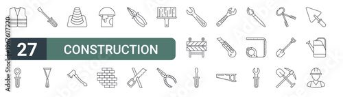 set of 27 thin line construction tools icons for web, mobile and digital interfaces including construction vest, wrench, screwdriver, spatula, traffic cone, axe, paint bucket, brickwall and pliers.