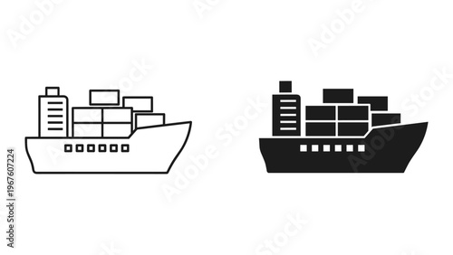 Black and white cargo ship icons with boxes on deck in line art style for logistics and transportation concepts