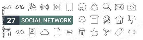 set of 27 thin line social network icons for web, mobile and digital interfaces including conversation, marketplace, group, viewer, rss, contact book, live streaming, cloud server and video player.