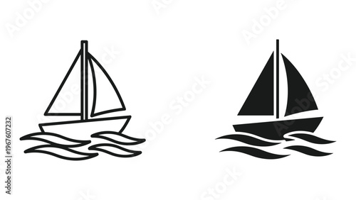 Black and white sailboat icons on water with waves