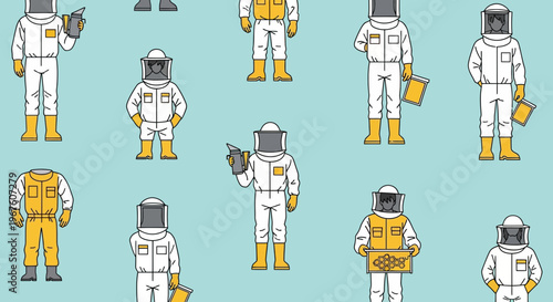 Beekeeper Pattern: Diverse Characters in Protective Suits on Blue Background
