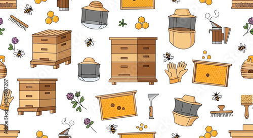 Beekeeping Equipment and Honeycomb Pattern: Bees, Hives, Suits, and Tools