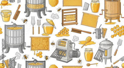 Beekeeping Equipment and Honey Production Seamless Pattern - Vintage Style