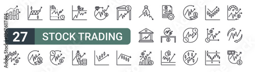 set of 27 thin line stock trading icons for web, mobile and digital interfaces including stock market, trading, stock, commission, volatility, trading, take profit, market capitalization and value.
