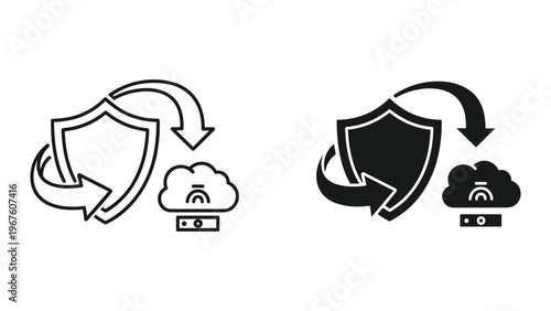 Cloud security sync shield data protection icon set outline and filled style