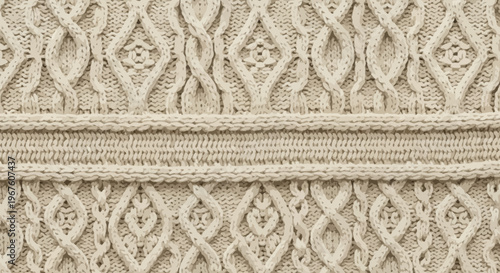 Close-up of intricate cream cable knit sweater texture with diamond and cable patterns