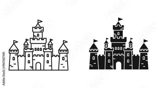 Black and white sand castle illustrations with flags on towers isolated on white background