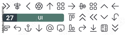 set of 27 thin line ui icons for web, mobile and digital interfaces including right, align left, center align, left arrow, left, anchor, aperture, down and upper. editable stroke vector