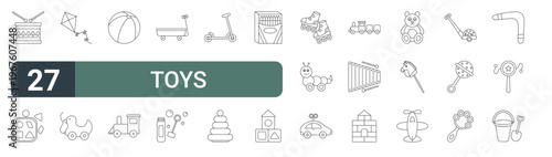 set of 27 thin line toys icons for web, mobile and digital interfaces including drum, blocks, kite, duck, ball, train, stroller, bubbles and skate board. editable stroke vector