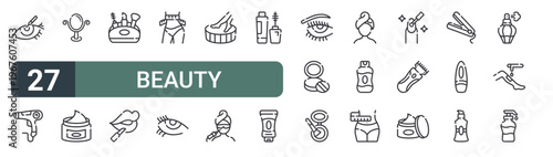 set of 27 thin line beauty icons for web, mobile and digital interfaces including contact lens, hair dryer, hand mirror, cream, makeup, lips, diet, eyelashes and pedicure. editable stroke vector