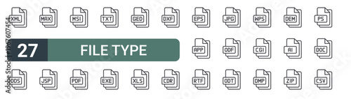 set of 27 thin line file type icons for web, mobile and digital interfaces including xml, dds, max, jsp, msi, pdf, txt, exe and ged. editable stroke vector