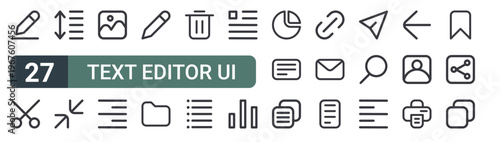 set of 27 thin line text editor ui icons for web, mobile and digital interfaces including pen, cut, line spacing, minimize, image, text align, pencil, folder and trash bin. editable stroke vector