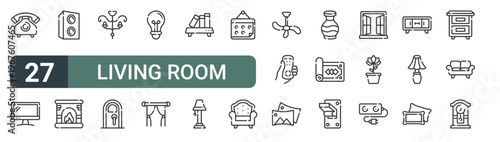 set of 27 thin line living room icons for web, mobile and digital interfaces including old phone, television, speaker, fireplace, ceiling, door, light bulb, curtains and book shelf. editable stroke