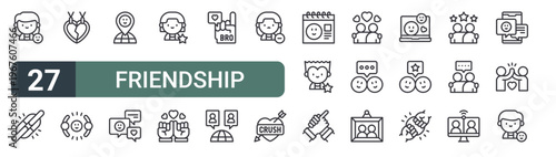 set of 27 thin line friendship icons for web, mobile and digital interfaces including happy, link, pendant, community, placeholder, chat, best friend, promise and bro. editable stroke vector