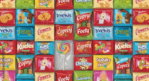 Colorful Assortment of Sweet Candies and Snacks in Packaging, Vintage Retro Style
