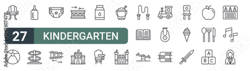set of 27 thin line kindergarten icons for web, mobile and digital interfaces including chair, beach ball, feeder, ring toss, diaper, xylophone, drum, kindergarten and milk. editable stroke vector