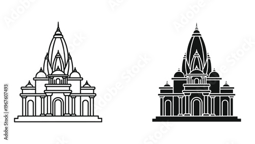 Black and white line art illustrations of ornate temple buildings
