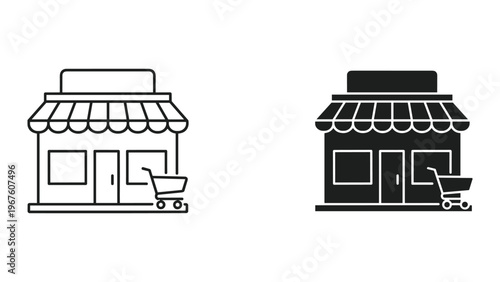 Black and white line icons of two shop storefronts with awnings and carts
