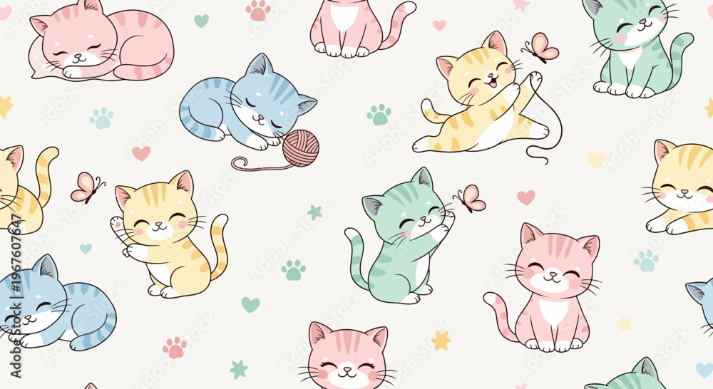 Obraz premium Cute Kawaii Kittens Playing with Yarn and Butterflies, Seamless Pattern