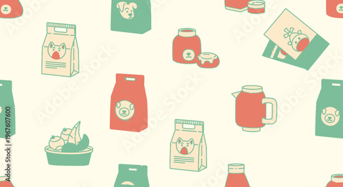 Cute Dog Food Packaging Pattern: Bags, Jars, and Treats - Kawaii Style