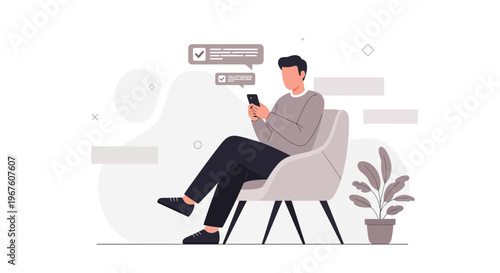Man Sitting on Chair Using Smartphone, Receiving Notifications, Modern Flat Illustration