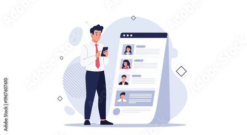 Man using smartphone near digital resume list, online recruitment concept