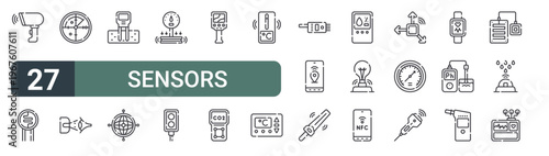 set of 27 thin line sensors icons for web, mobile and digital interfaces including barcode scanner, ldr sensor, radar, eye sensor, soil moisture sensor, gyroscope, pressure photoelectric and thermal