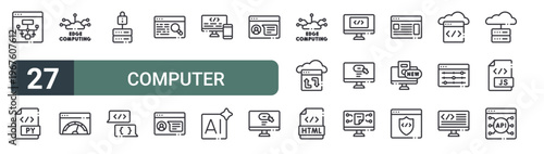 set of 27 thin line computer programming icons for web, mobile and digital interfaces including aorithm, python, edge computing, optimization, server, programming language, searching, customer
