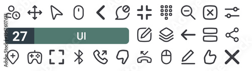 set of 27 thin line ui icons for web, mobile and digital interfaces including user, location, move, gamepad, cursor, expand, mouse, and left. editable stroke vector