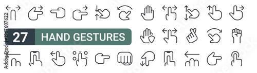 set of 27 thin line hand gestures icons for web, mobile and digital interfaces including finger, fingers, hand, hand, and editable stroke vector