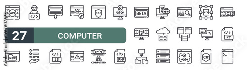 set of 27 thin line computer programming icons for web, mobile and digital interfaces including api, new features, programmer, new features, landing page, script, edit code, bug and encryption.