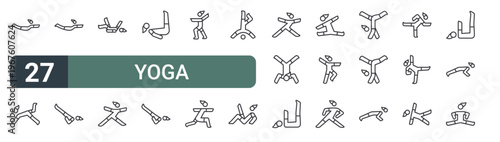 set of 27 thin line yoga icons for web, mobile and digital interfaces including yoga, yoga, and editable stroke vector