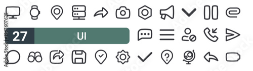 set of 27 thin line ui icons for web, mobile and digital interfaces including desktop, comment, watch, binocular, location, share, server, save and forward. editable stroke vector