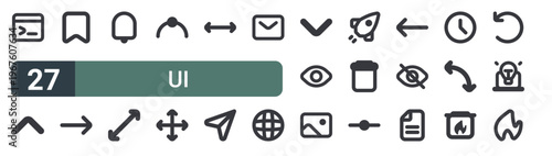 set of 27 thin line ui icons for web, mobile and digital interfaces including coding, up, bookmark, forward, bell, scale, bend, move and resize. editable stroke vector