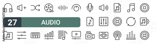 set of 27 thin line audio icons for web, mobile and digital interfaces including headphone, album folder, volume up, ting, shuffle, piano keyboard, film reel, volume control and sound wave. editable