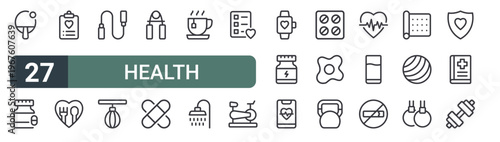 set of 27 thin line health lifestyle icons for web, mobile and digital interfaces including, vitamin c, medical report, healthy food, jump rope, punching bag, gripper, band aid and tea. editable