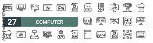set of 27 thin line computer programming icons for web, mobile and digital interfaces including beta, cloud, computer programming, error, compiler, network, error, front end and new features.