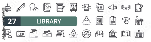 set of 27 thin line library icons for web, mobile and digital interfaces including book, cook book, fountain pen, sketchbook, keep quiet, folder, diary, archive and conspectus. editable stroke