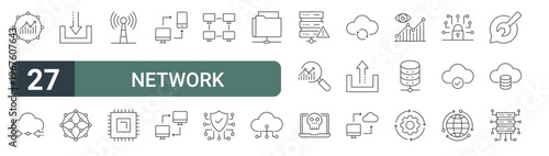 set of 27 thin line network technology icons for web, mobile and digital interfaces including, direct download, network, hardware, remote access, data transfer and lan. editable stroke vector