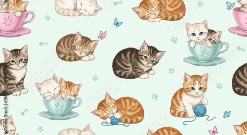 Cute Kitten Pattern: Adorable Kittens Playing in Teacups and with Yarn on Pastel Background