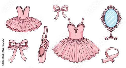 Ballet Dancer's Pink Attire: Tutu, Pointe Shoes, Bows, and Mirror - Collection