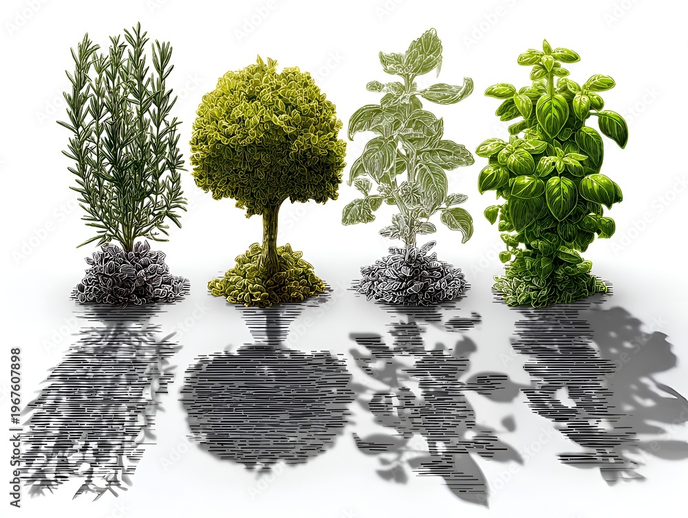 Fototapeta premium A detailed artistic rende shows four herbs rosemary, a green tree, a basil outline, and a complete basil plant creating abstract shadows.