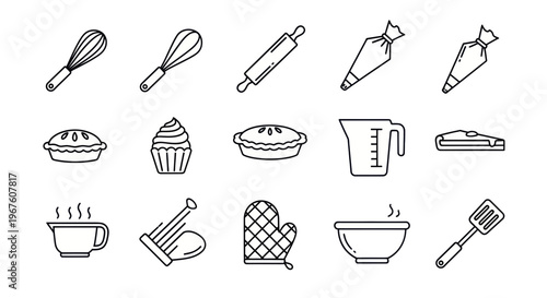 Baking Icons Set: Whisk, Rolling Pin, Pie, Cupcake, Piping Bag, Oven Mitt