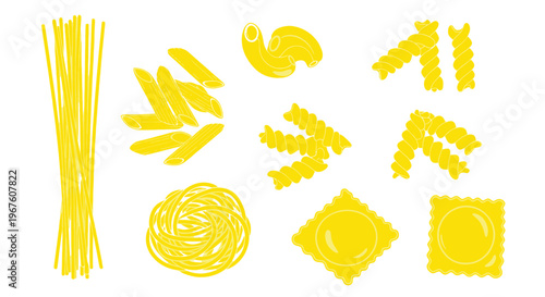 Assorted Yellow Pasta Shapes on White Background